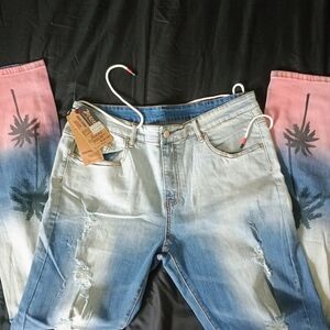 Blue and Pink Ombre Jeans with Palm Tree Design